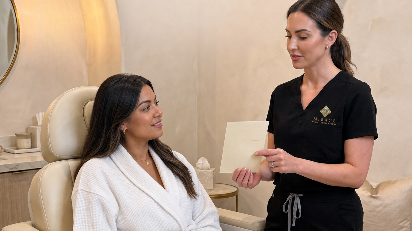 Mirage provider reviewing a treatment plan with a relaxed client in a luxurious consultation room.