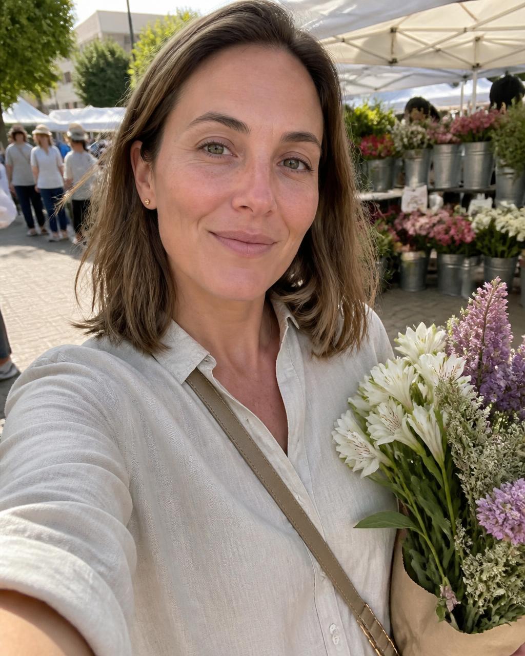 Rachel, 35, choosing flowers at an Albuquerque market on a bright late morning.