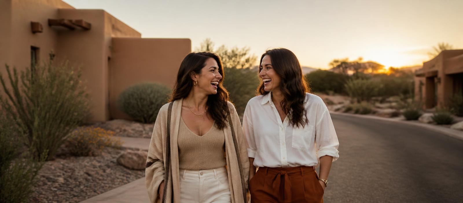 Two women laughing together while walking through a desert-modern neighborhood at warm sunset.